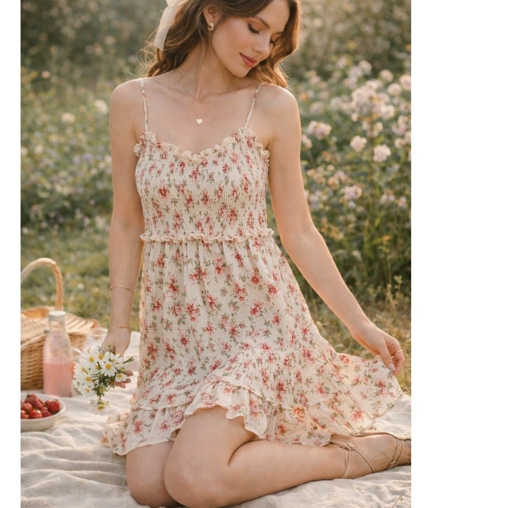 Cloud Sky Womens XL Smocked Floral Mini Dress Pink Rose Ruffle Coquette